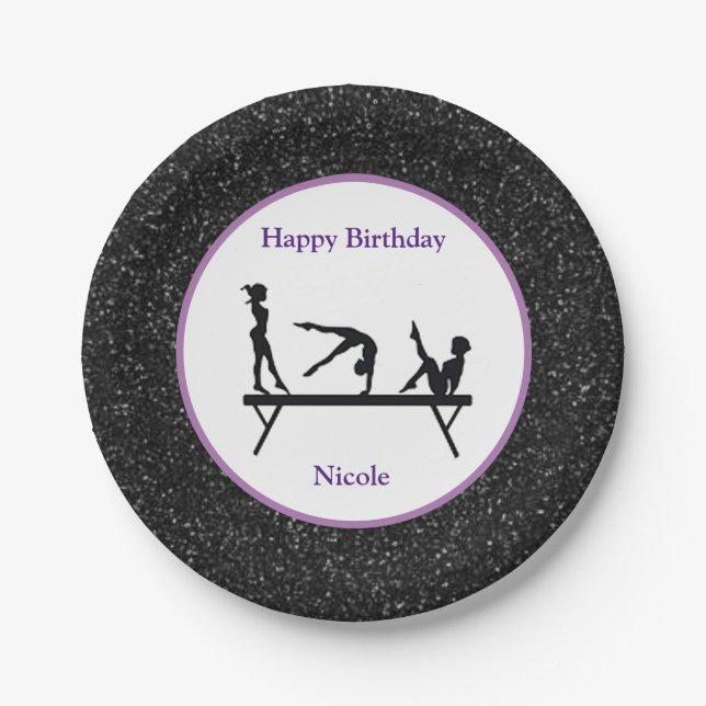 Gymnastics "Happy Birthday" Black Sparkle Paper Plates (Front)