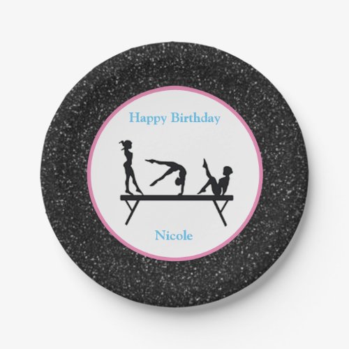 Gymnastics Happy Birthday Black Sparkle Paper Plates