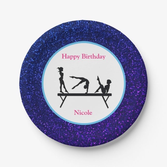 Gymnastics "Happy Birthday" Royal Sparkle Paper Plates (Front)