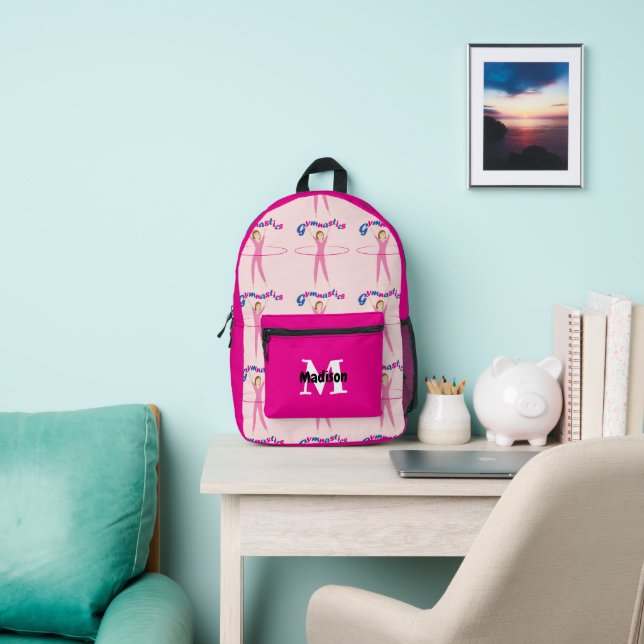 Gymnastics hot Pink hula hooping girl Monogram Printed Backpack (Insitu)