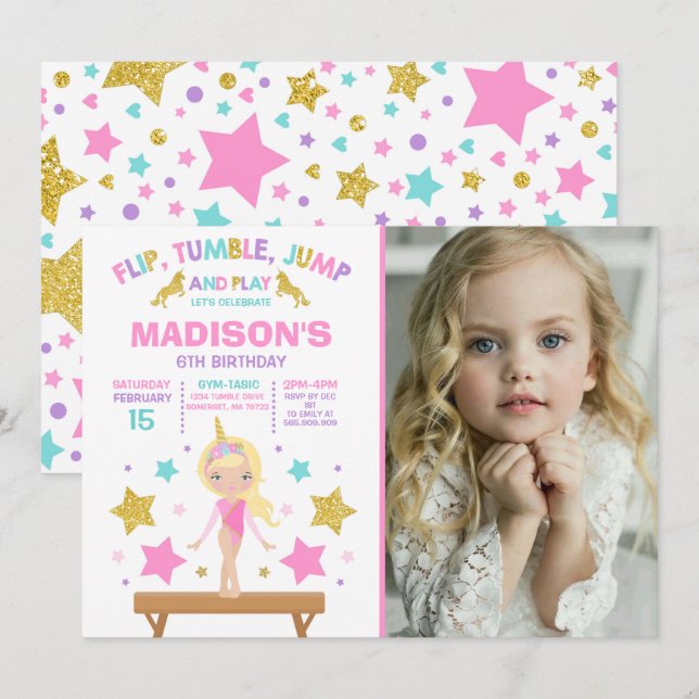 Gymnastics Invitation Unicorn Gymnastics Party (Front/Back)