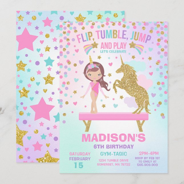 Gymnastics Invitation Unicorn Gymnastics Party (Front/Back)