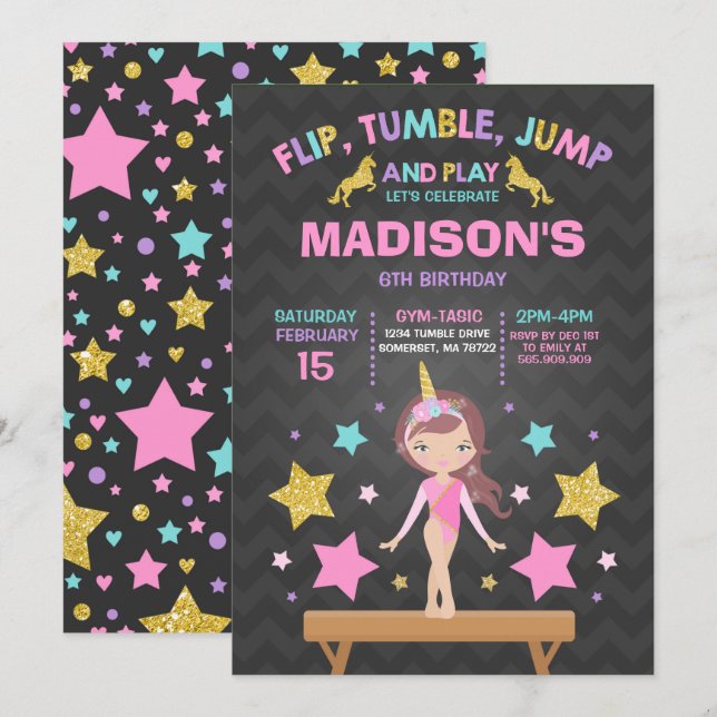 Gymnastics Invitation Unicorn Gymnastics Party (Front/Back)