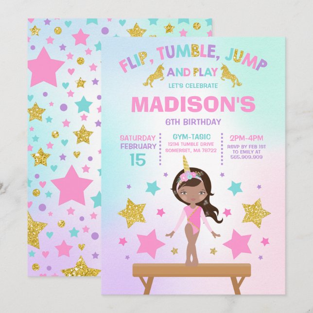 Gymnastics Invitation Unicorn Gymnastics Party (Front/Back)