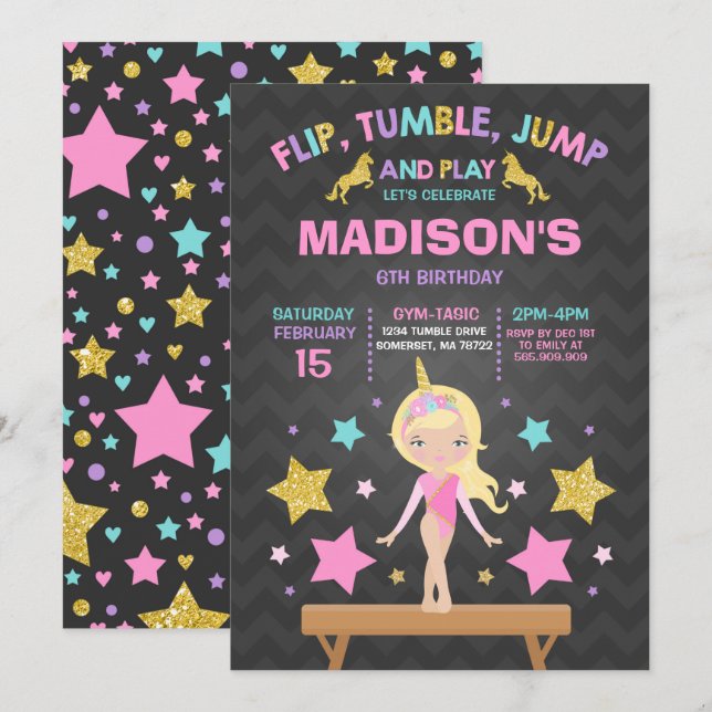 Gymnastics Invitation Unicorn Gymnastics Party (Front/Back)