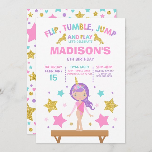 Gymnastics Invitation Unicorn Gymnastics Party (Front/Back)