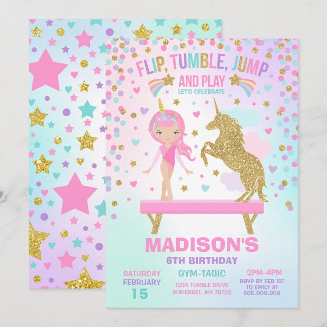Gymnastics Invitation Unicorn Gymnastics Party (Front/Back)