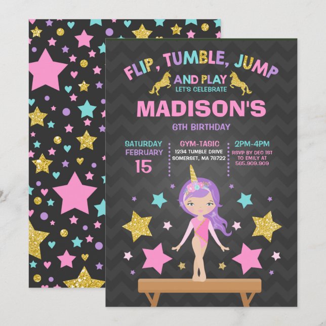 Gymnastics Invitation Unicorn Gymnastics Party (Front/Back)