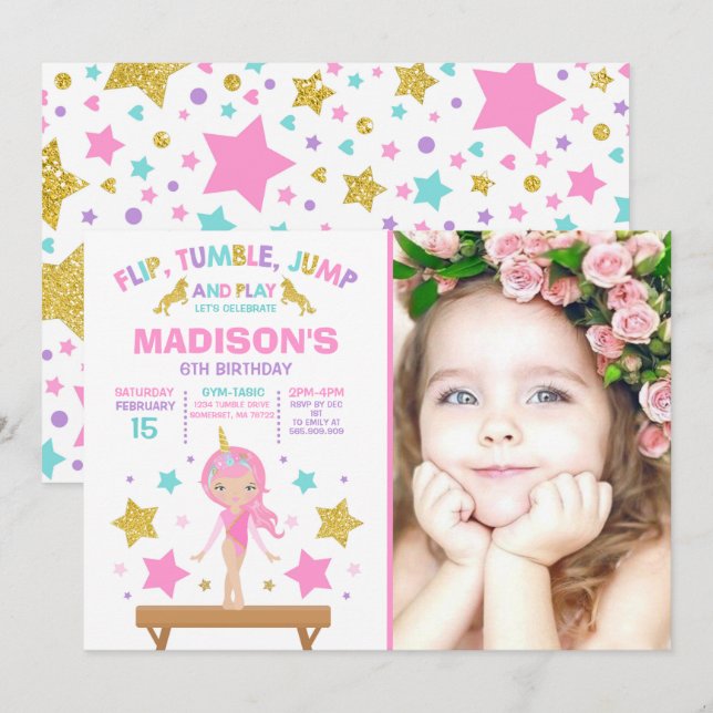 Gymnastics Invitation Unicorn Gymnastics Party (Front/Back)