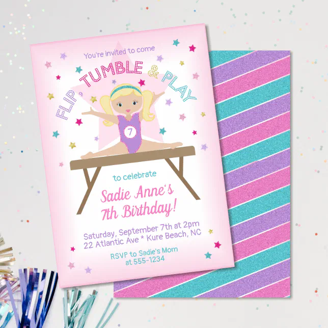 Gymnastics Jump Birthday Party Blonde Invitation | Zazzle