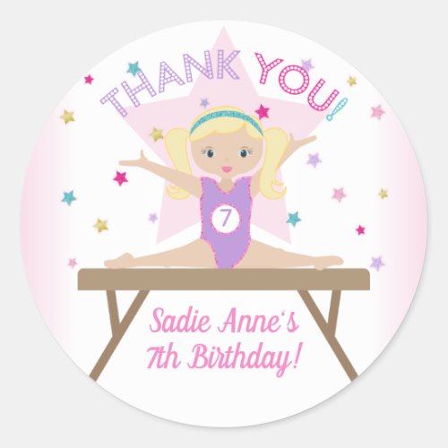 Gymnastics Jump Birthday Party Blonde Thank You Classic Round Sticker