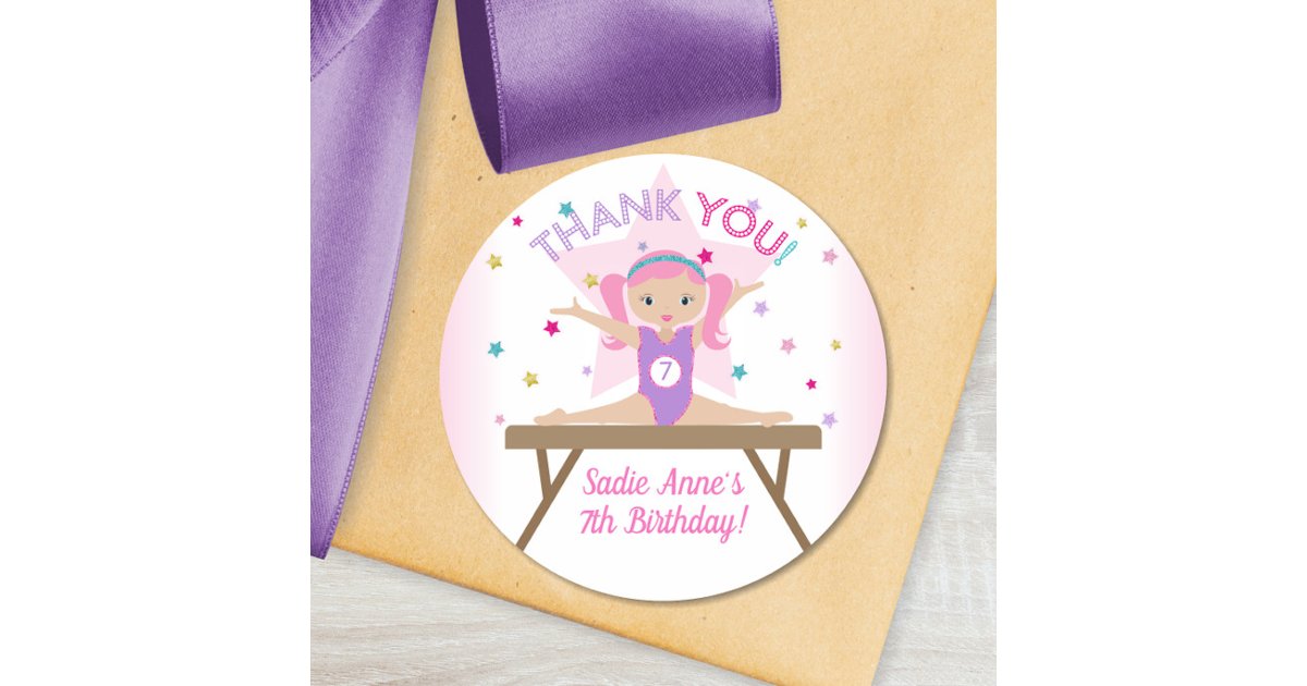 Gymnastics Jump Birthday Party Pink Hair Thank You Classic Round ...