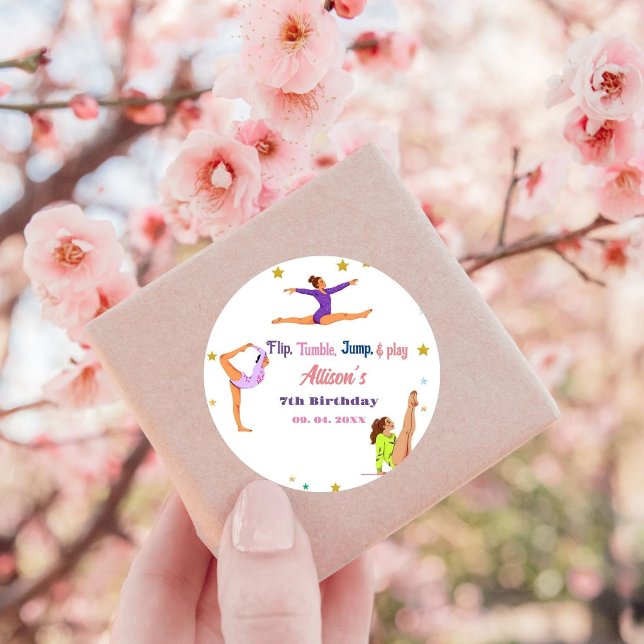 Gymnastics  jump Cartwheels girl birthday party Classic Round Sticker (Creator Uploaded)