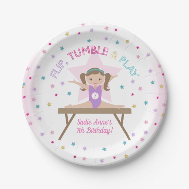 Gymnastics Jump Cute Brown Hair Birthday Party Paper Plates (Front)