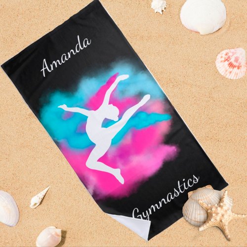 Gymnastics Leap Pink Blue Color Bomb with Name  Beach Towel