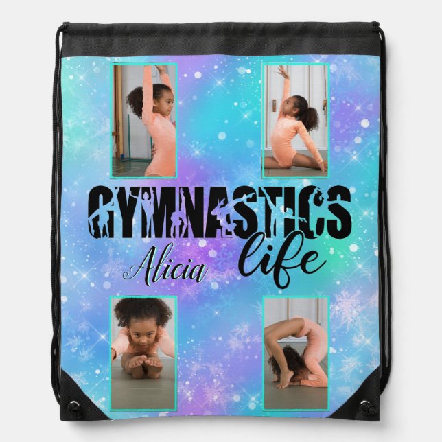 Gymnastics Life Pastel Personalized Name & 4 Photo Drawstring Bag (Front)