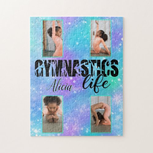 Gymnastics Life Pastel Personalized Name  4 Photo Jigsaw Puzzle