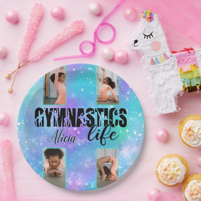 Gymnastics Life Pastel Personalized Name & 4 Photo Paper Plates (Party)