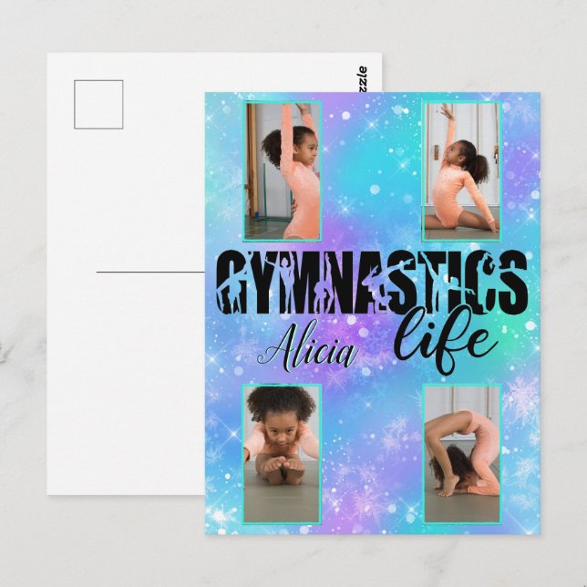 Gymnastics Life Pastel Personalized Name & 4 Photo Postcard (Front/Back)