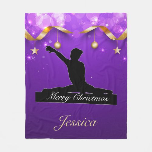 Gymnastics Merry Christmas Purple  Gold Fleece Blanket