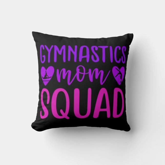 Gymnastics Mom Squad Quote w/ Pink and Purple Text Throw Pillow (Front)
