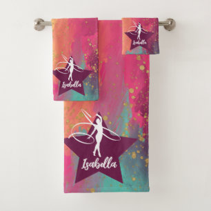 Gymnastics Monogram Name Gold Glitter Bath Towel Set