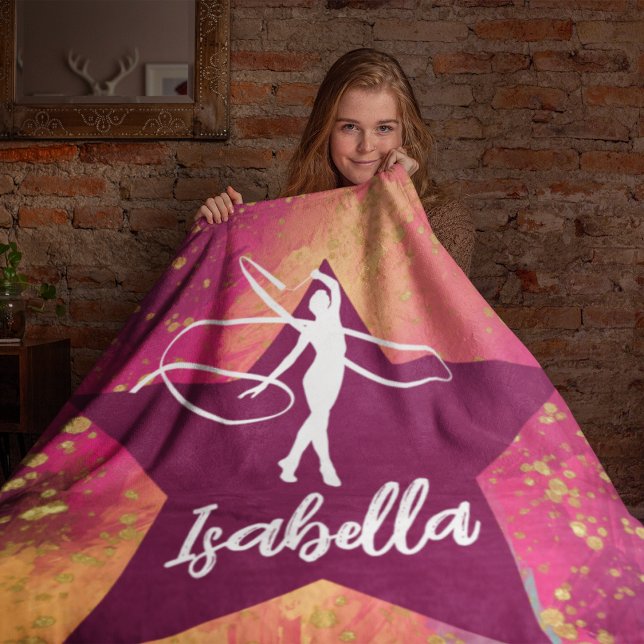 Gymnastics Monogram Name Gold Glitter Fleece Blanket (Creator Uploaded)