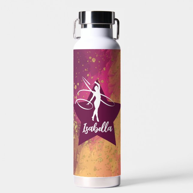 Gymnastics Monogram Name Gold Glitter Water Bottle (Front)