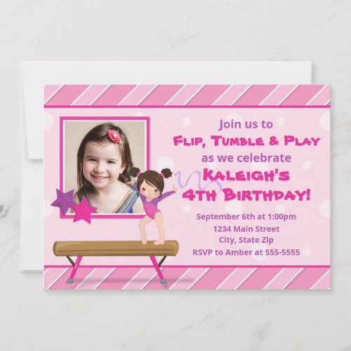 Gymnastics Party Birthday Invitation Brunette Girl