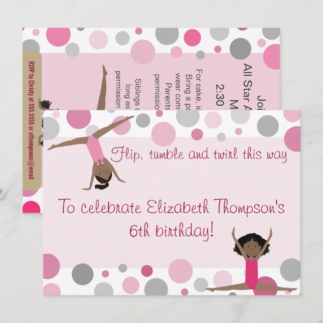 Gymnastics Party Dark Hair Girls In Pink and Gray Invitation (Front/Back)