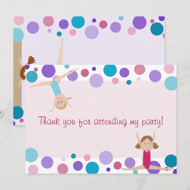 Gymnastics Party Flat Thank You in Aqua and Pinks Invitation (Front/Back)