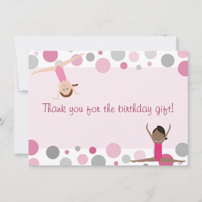 Gymnastics Party Flat Thank You in Pink and Gray Card (Front)