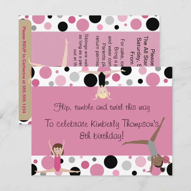 Gymnastics Party In Pink, Gray & Black Invitation (Front/Back)