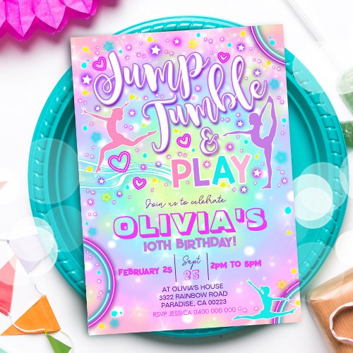 Gymnastics Party Invitation Jump Tumble Play Neon