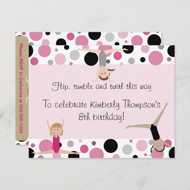 Gymnastics Party Invitation Pink, Gray & Black (Front/Back)