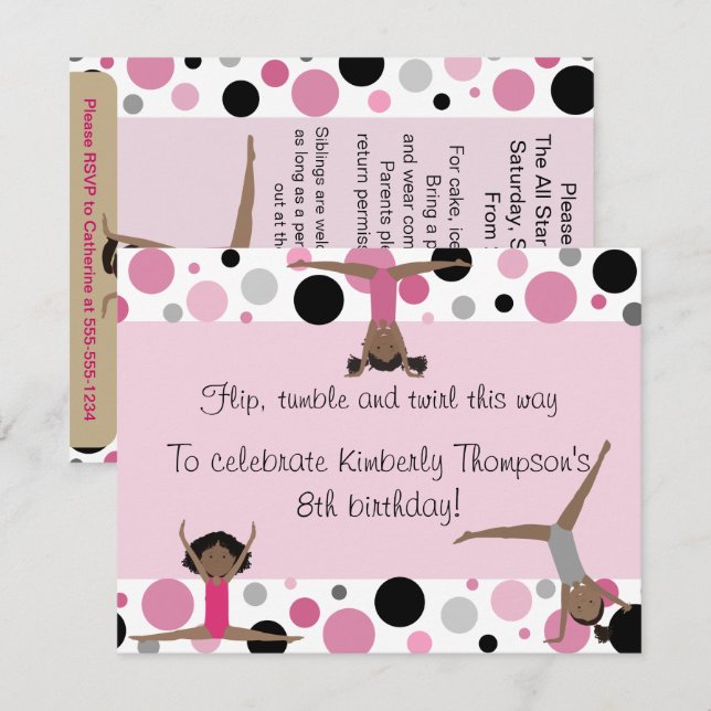 Gymnastics Party Invitation Pink, Gray & Black (Front/Back)