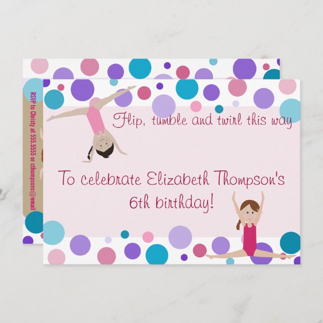 Gymnastics Party Invitation Purple, Teal and Pinks (Front/Back)