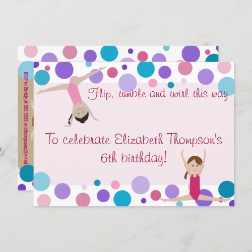 Gymnastics Party Invitation Purple Teal and Pinks