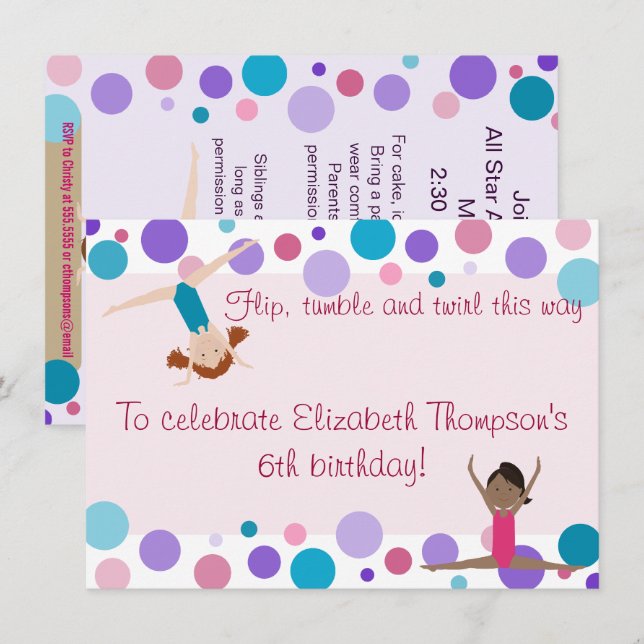 Gymnastics Party Invitation Purple, Teal and Pinks (Front/Back)