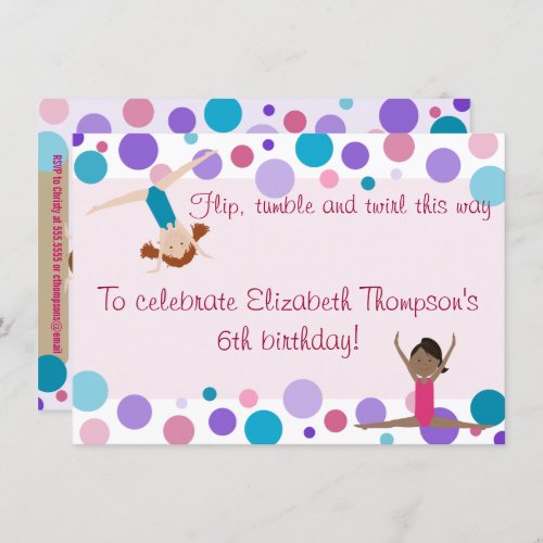 Gymnastics Party Invitation Purple Teal and Pinks