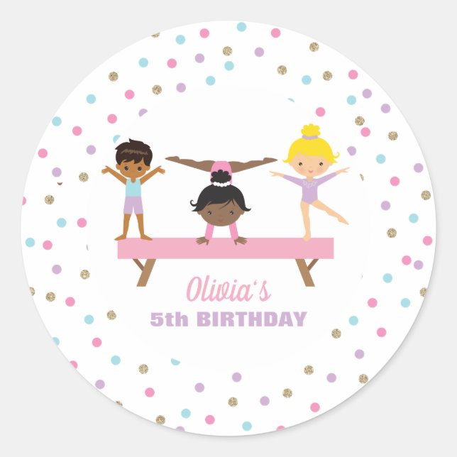 Gymnastics pastel birthday classic round sticker (Front)
