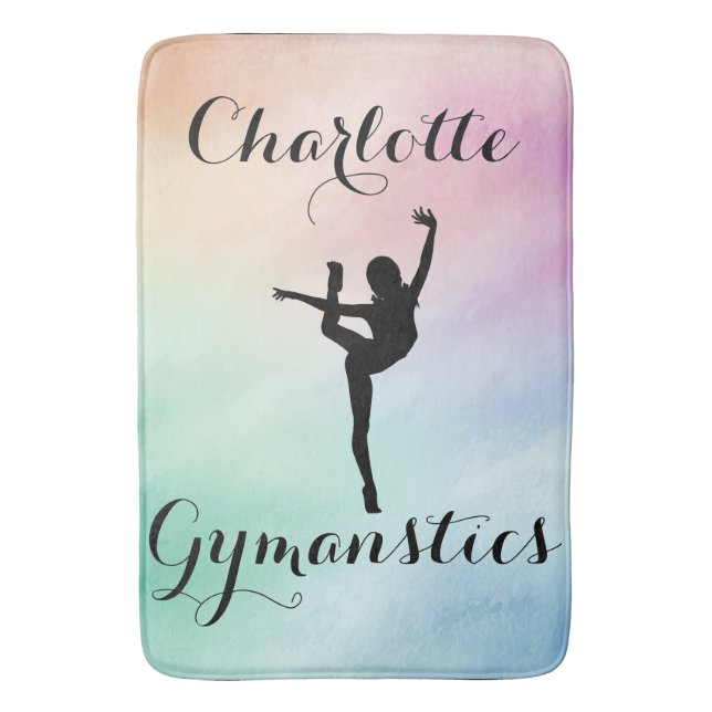 Gymnastics Pastel Purple Green Personalized Bath Mat (Front Vertical)
