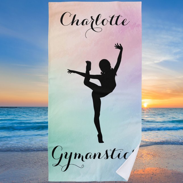 Gymnastics Pastel Purple Green Personalized Beach Towel (Creator Uploaded)