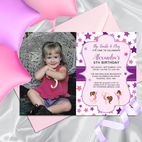 Gymnastics Photo Girl Stars Birthday Party Invitation