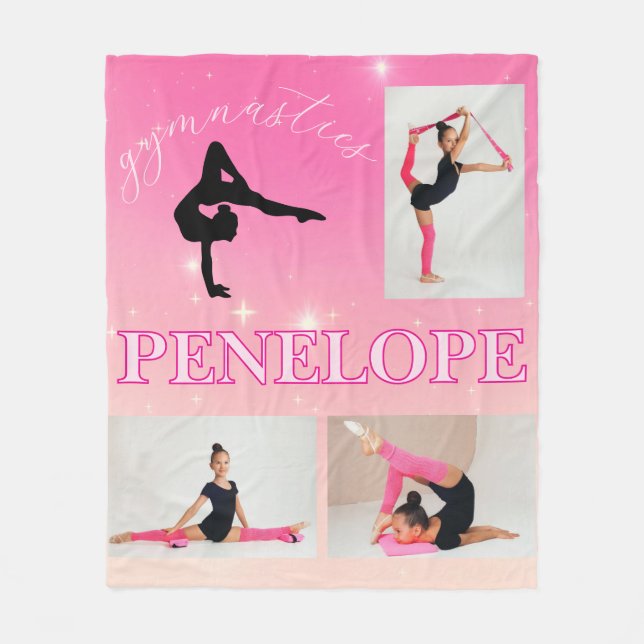 Gymnastics Pink Gradient 3 Photo Personalized Fleece Blanket (Front)