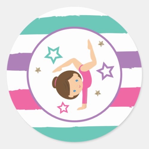 Gymnastics Pink Purple Turquoise Girl Birthday Cla Classic Round Sticker