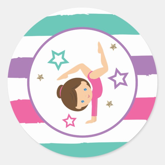 Gymnastics Pink Purple Turquoise Girl Birthday Cla Classic Round Sticker (Front)