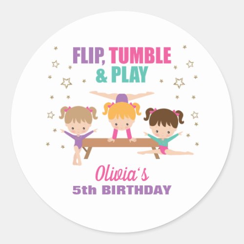 Gymnastics Pink Purple Turquoise Girl Birthday Classic Round Sticker