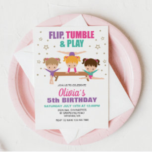 Gymnastics Pink Purple Turquoise Girl Birthday Invitation