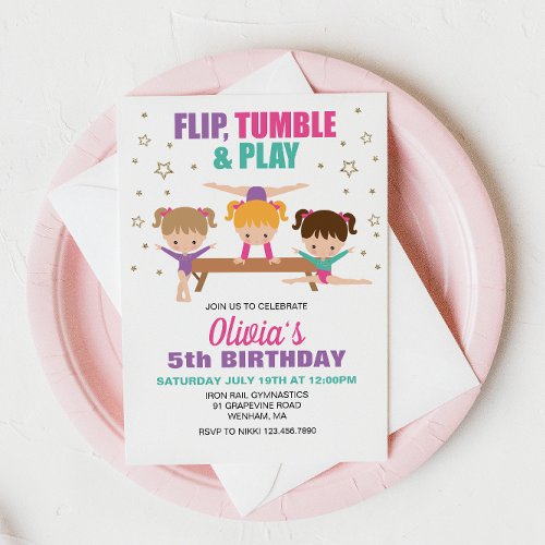 Gymnastics Pink Purple Turquoise Girl Birthday Invitation